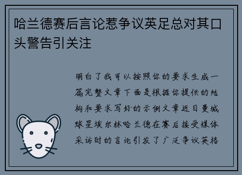 哈兰德赛后言论惹争议英足总对其口头警告引关注