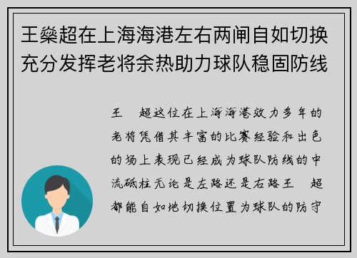 王燊超在上海海港左右两闸自如切换充分发挥老将余热助力球队稳固防线 王燊超在上海海港左右两闸自如切换充分发挥老将余热助力球队稳固防线