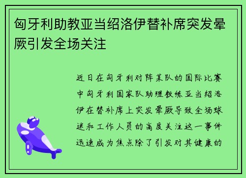 匈牙利助教亚当绍洛伊替补席突发晕厥引发全场关注 匈牙利助教亚当绍洛伊替补席突发晕厥引发全场关注