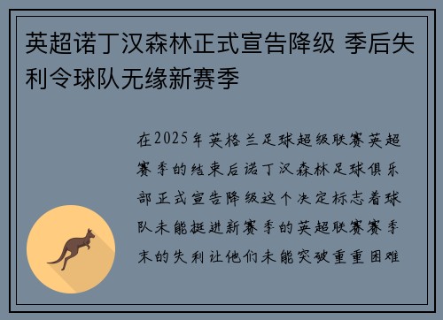英超诺丁汉森林正式宣告降级 季后失利令球队无缘新赛季