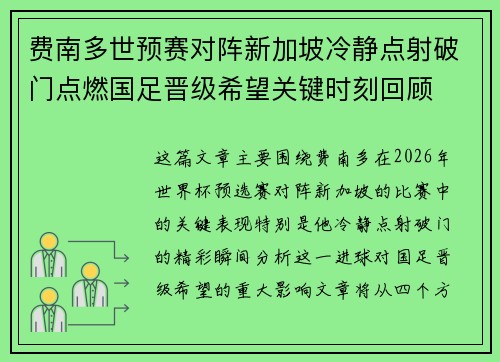 费南多世预赛对阵新加坡冷静点射破门点燃国足晋级希望关键时刻回顾